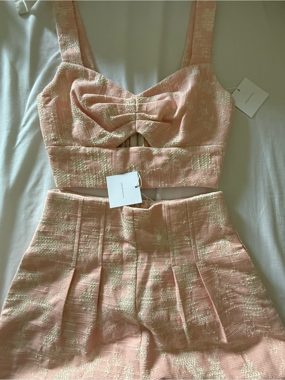 Peach Pink & Gold Textured 3-Piece Blazer, Crop Top & Skirt Set
